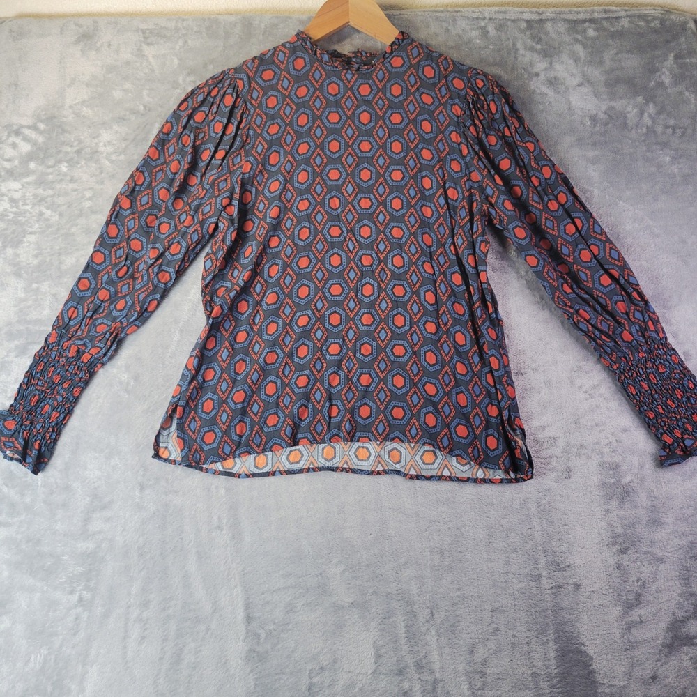 Zara Woman Geometric Print Ruffle Neck Smocked Cuff Blouse Blue Orange XS Office